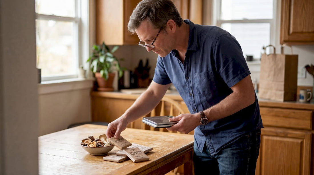 Man compares dried mushrooms and chocolates at kitchen table