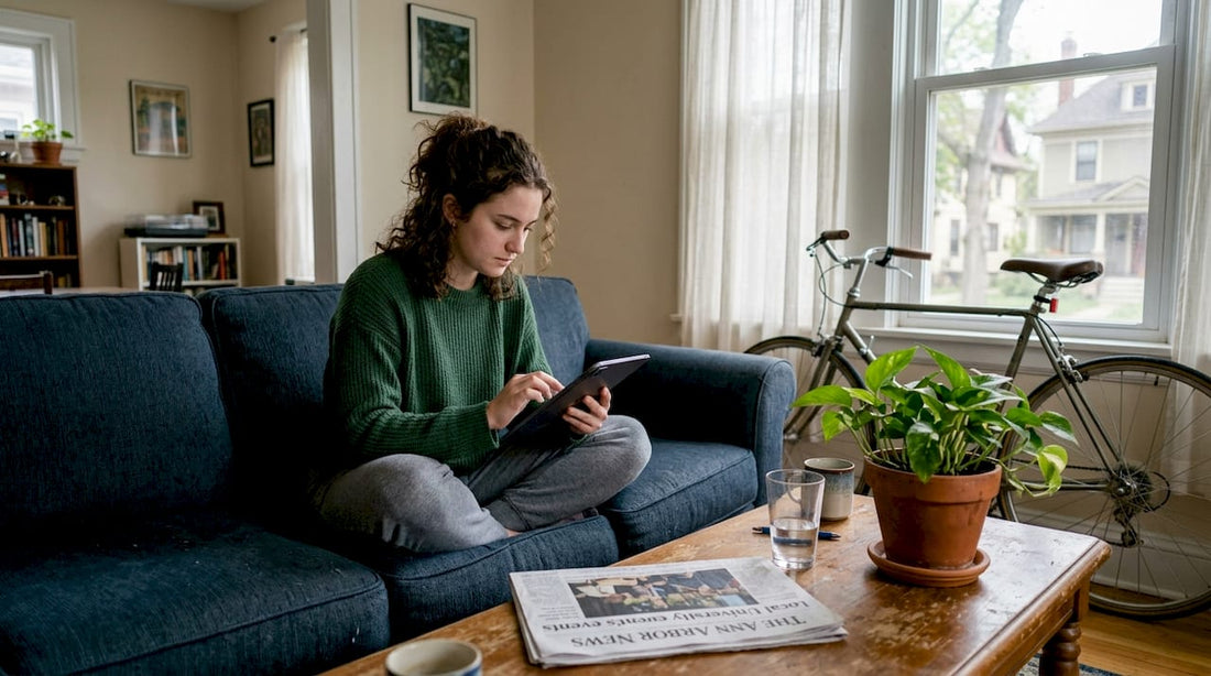 Woman reading about safe mushroom use at home