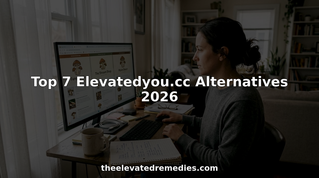 Woman comparing psychedelic product websites at home