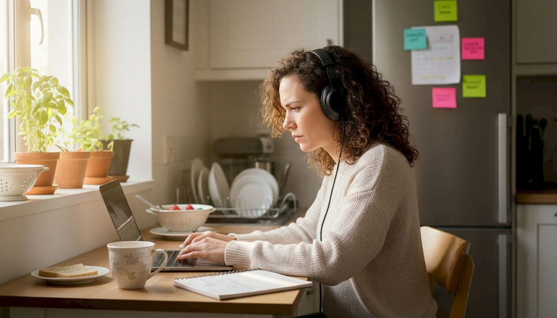 Woman focusing at kitchen desk in sunlight