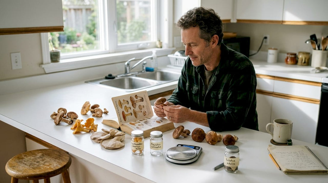 Mycologist sorting different magic mushroom strains