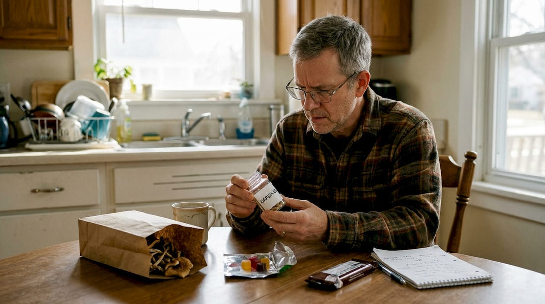 Man examining various psilocybin product types