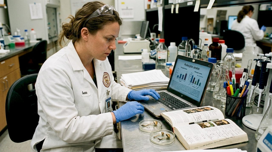 Scientist analyzing mushroom strains in university lab