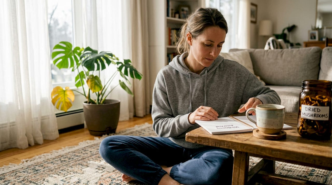 Woman calmly preparing wellness session at home
