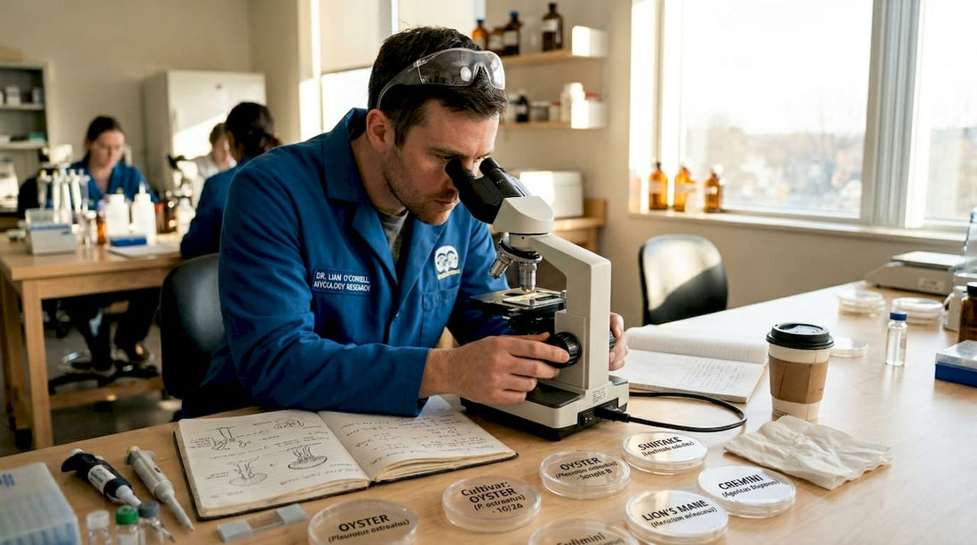 Mycologist analyzes mushroom strains in lab workspace