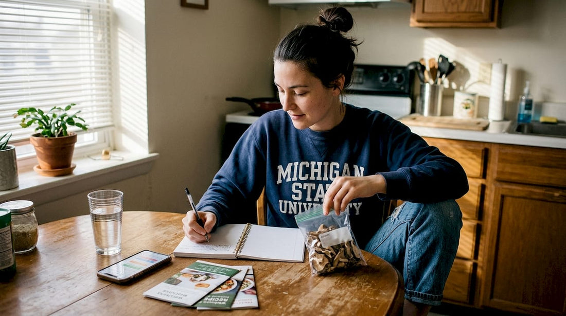Woman prepares microdose at kitchen table