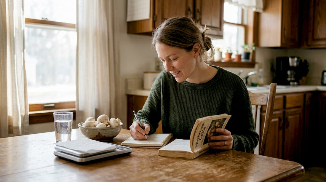 Woman journaling mushroom doses at sunny kitchen table