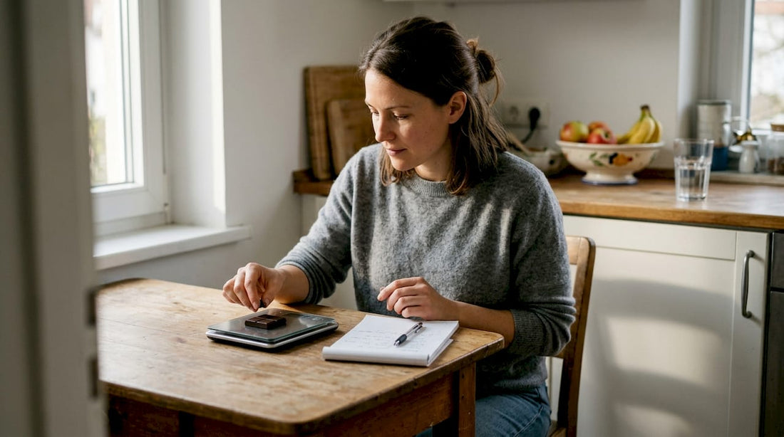 Woman weighing dark chocolate at kitchen table