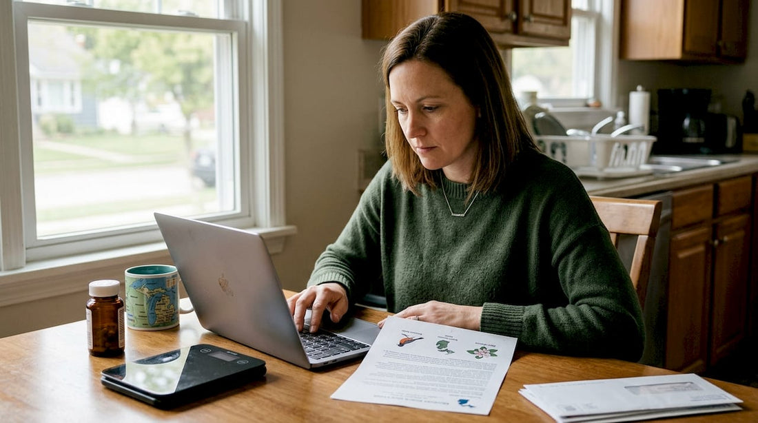 Woman researching Michigan psilocybin laws at kitchen table