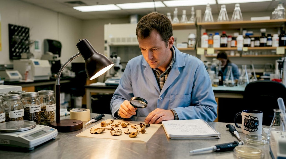 Technician inspecting dried mushrooms in lab