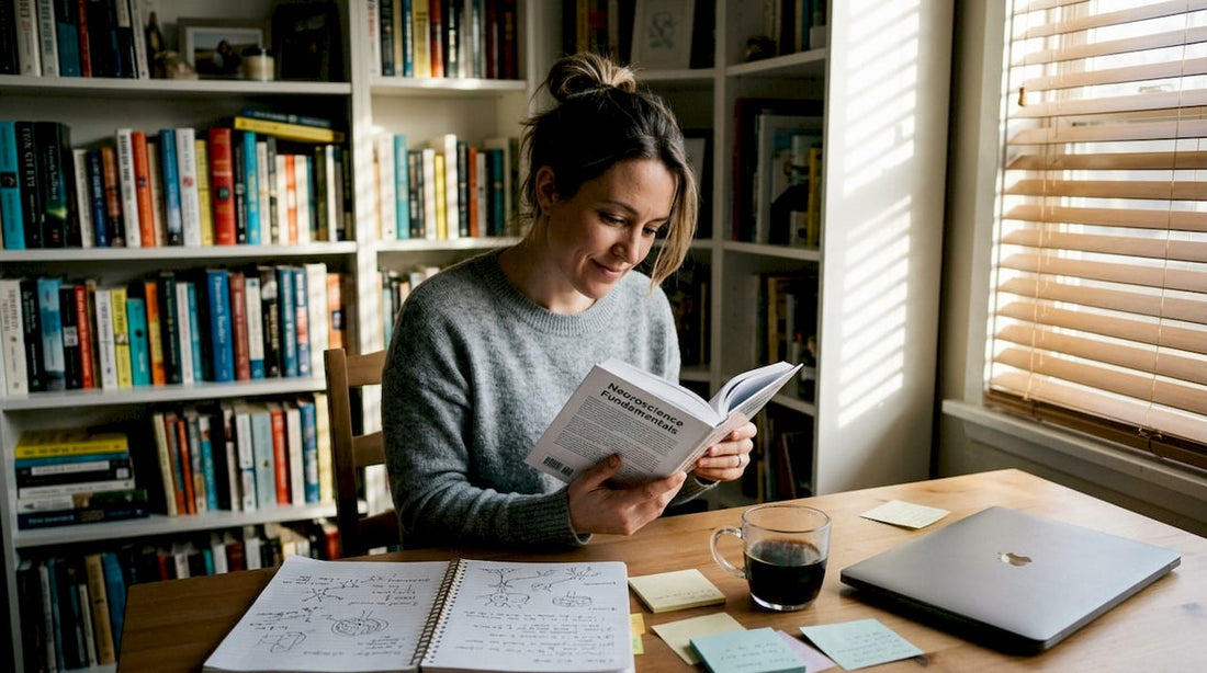 Woman reading neuroscience book at desk