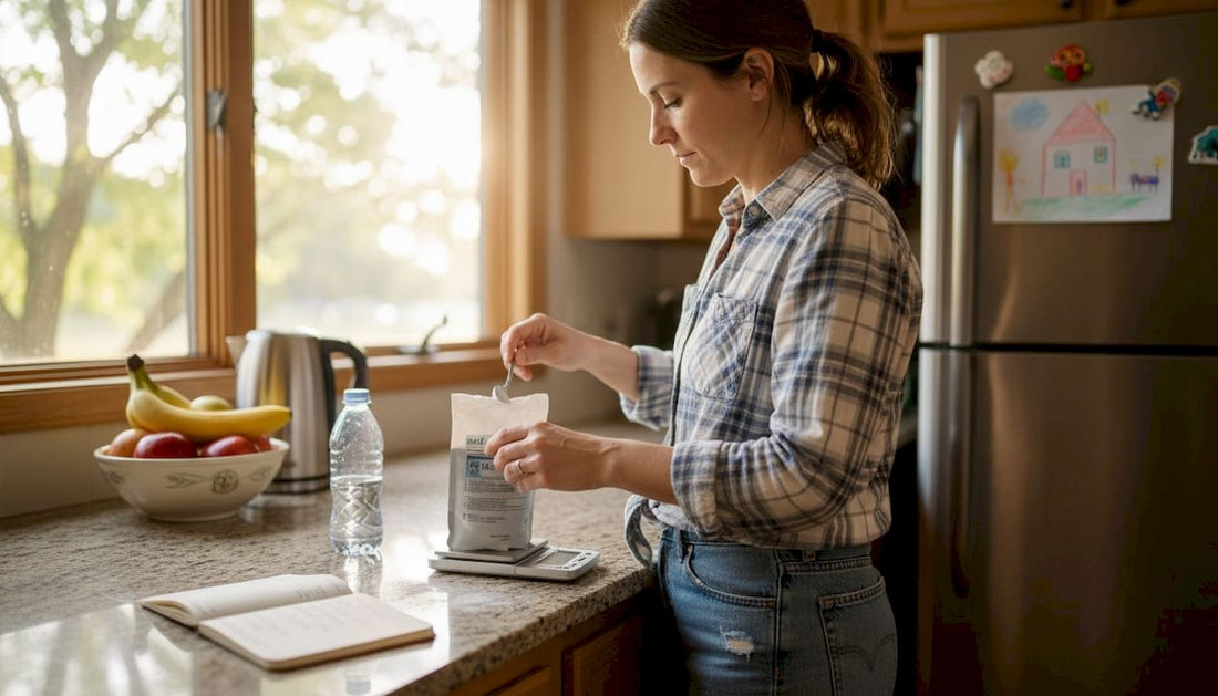 Woman measuring wellness microdose in home kitchen