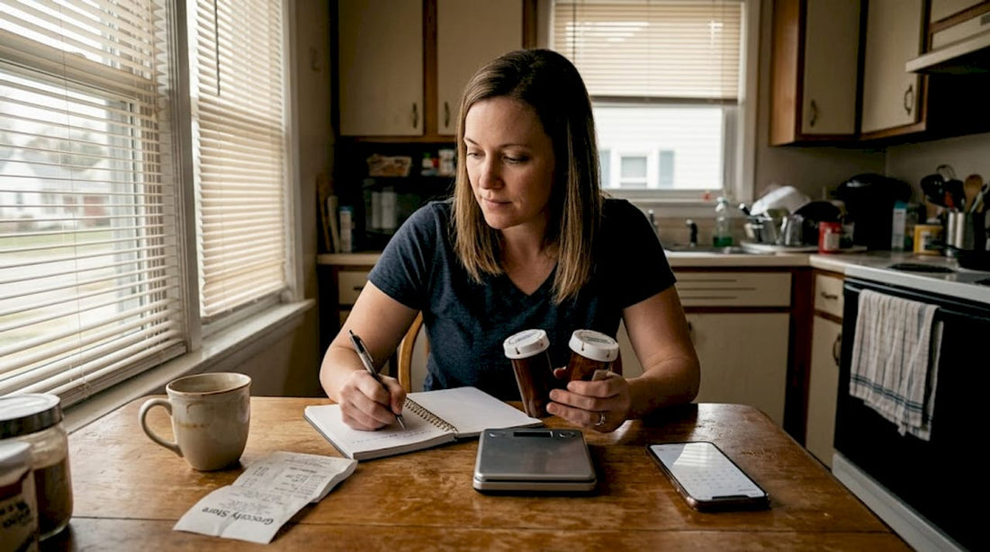 Woman reviewing microdosing supplies at kitchen table