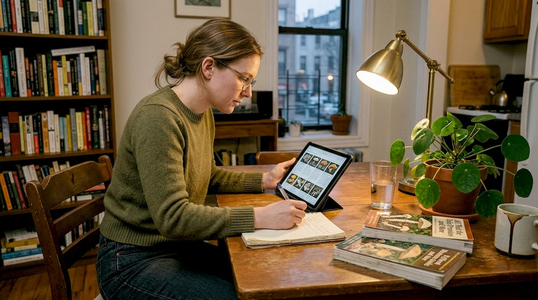Woman reviewing mushroom strain photos at table