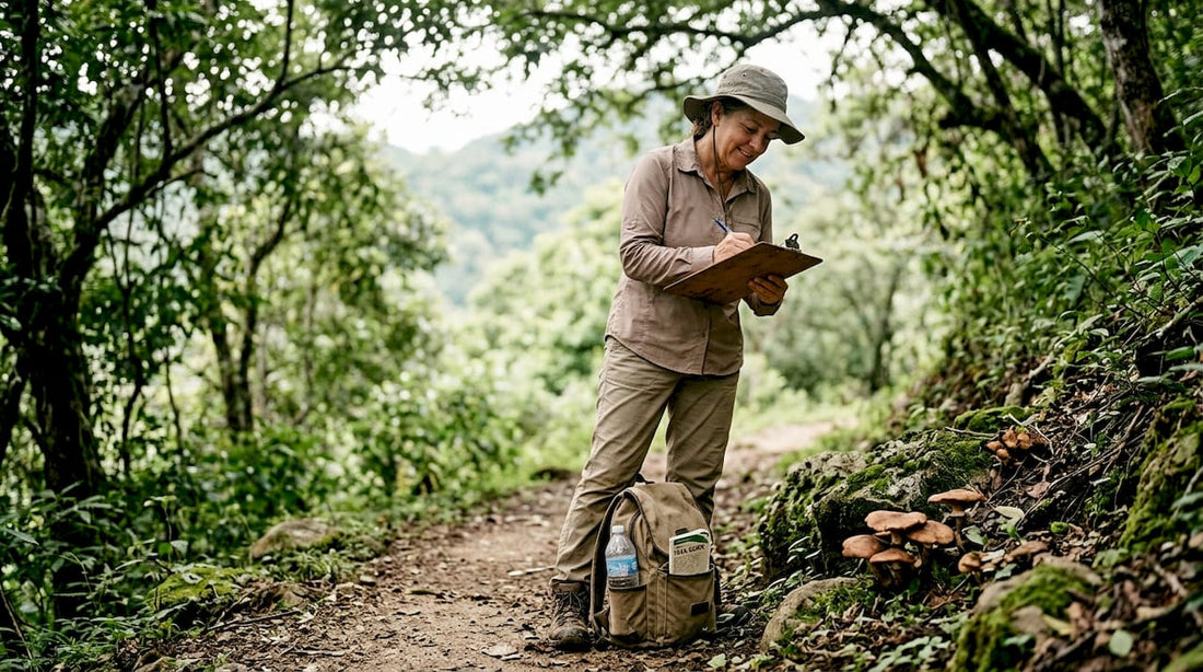Ethnobotanist examining mushrooms in Mexican forest