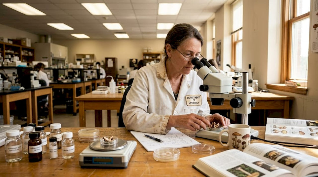 Mycologist examining mushroom origins in lab