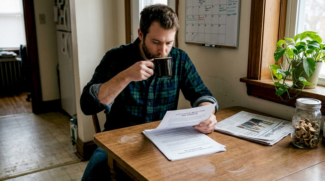 Man reading gifting law printout at table