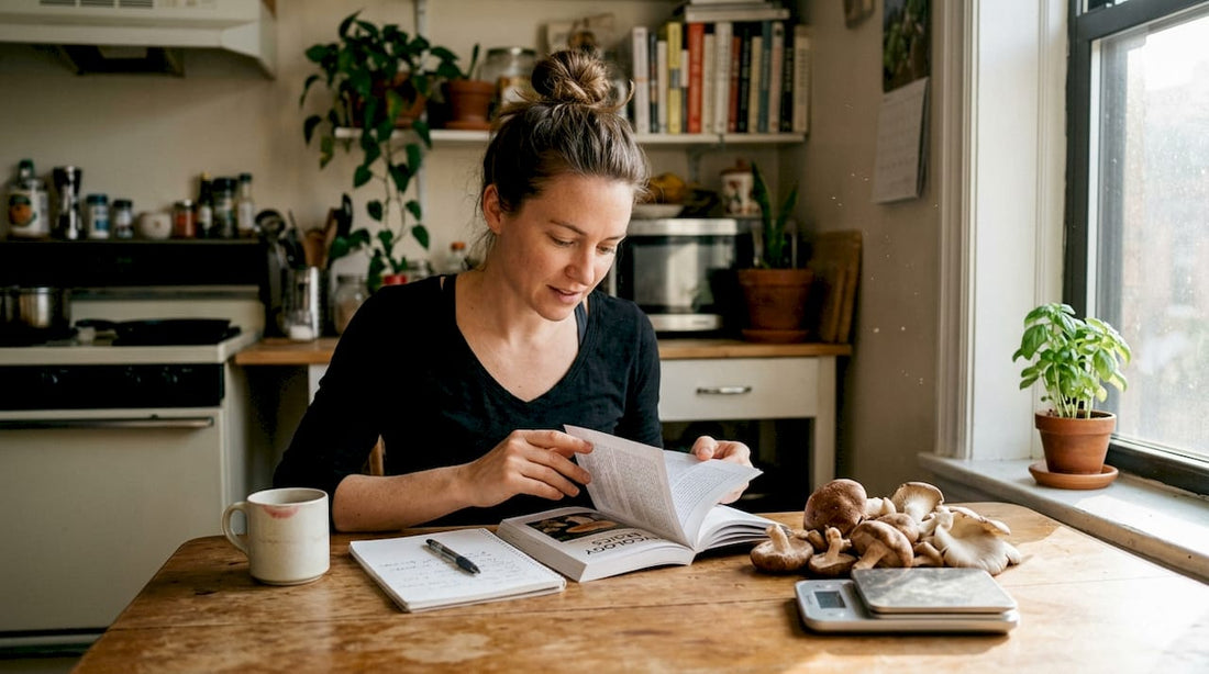 Woman researching magic mushrooms at kitchen table