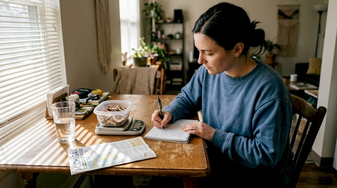 Woman recording notes on mushroom microdosing