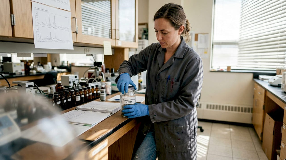 Lab technician opening cannabis terpene jar