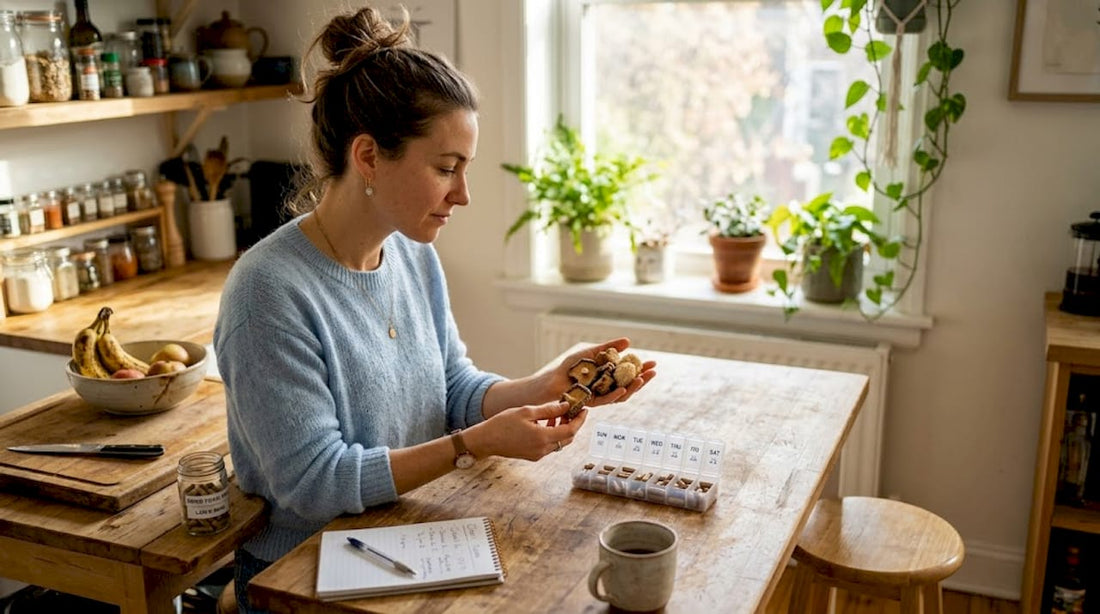 Nutritionist comparing dried mushrooms and capsules