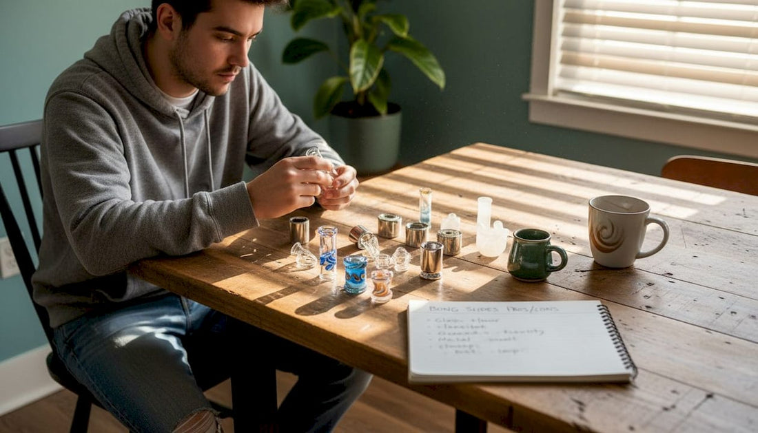 Person compares different bong slides at home table