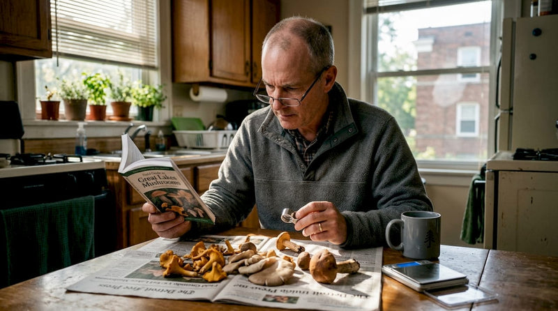 Mycologist identifying mushrooms at kitchen table