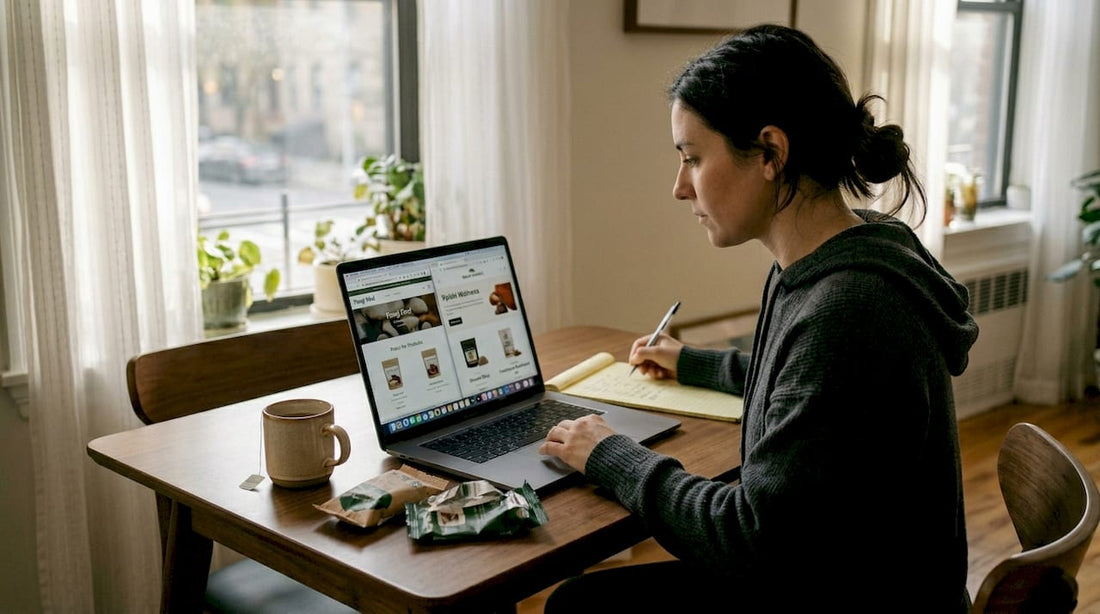 Woman compares mushroom product websites at dining table