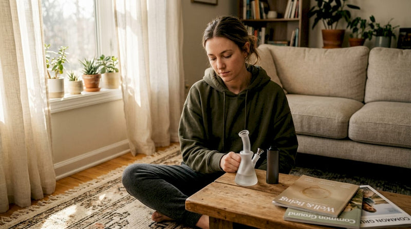 Woman compares glass bong and vaporizer at home