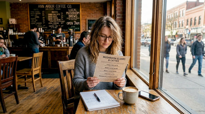 Woman reviewing mushroom drinks at café table