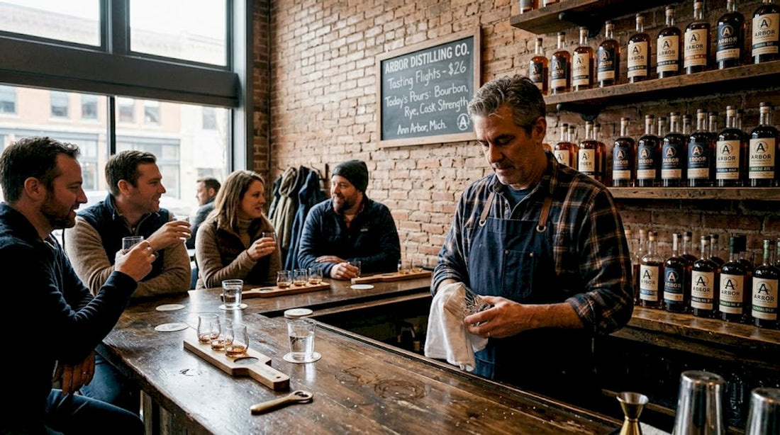 Bartender polishes glass in Ann Arbor distillery