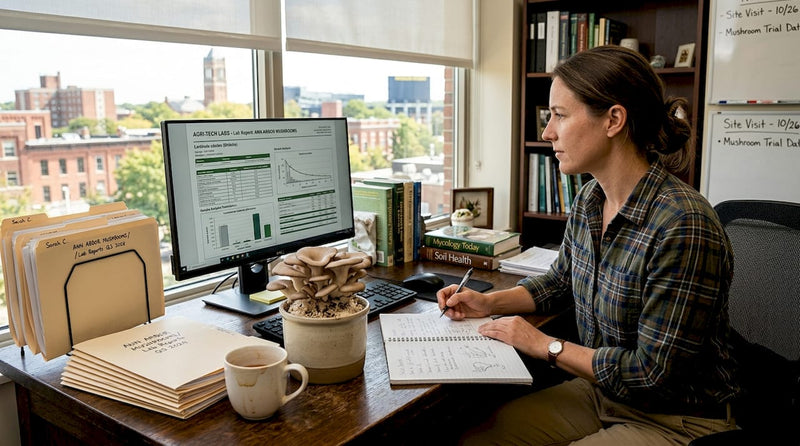 Consultant reviewing mushroom lab reports in city office