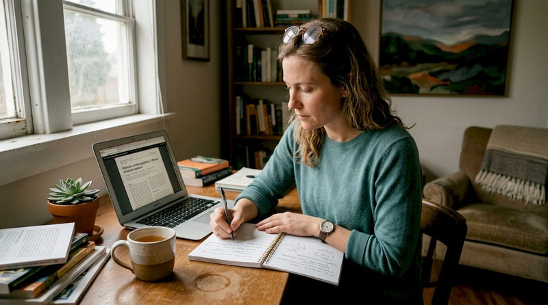 Woman studying mushroom wellness research