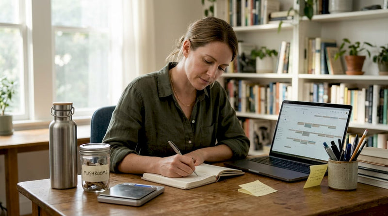 Woman journaling at home office desk