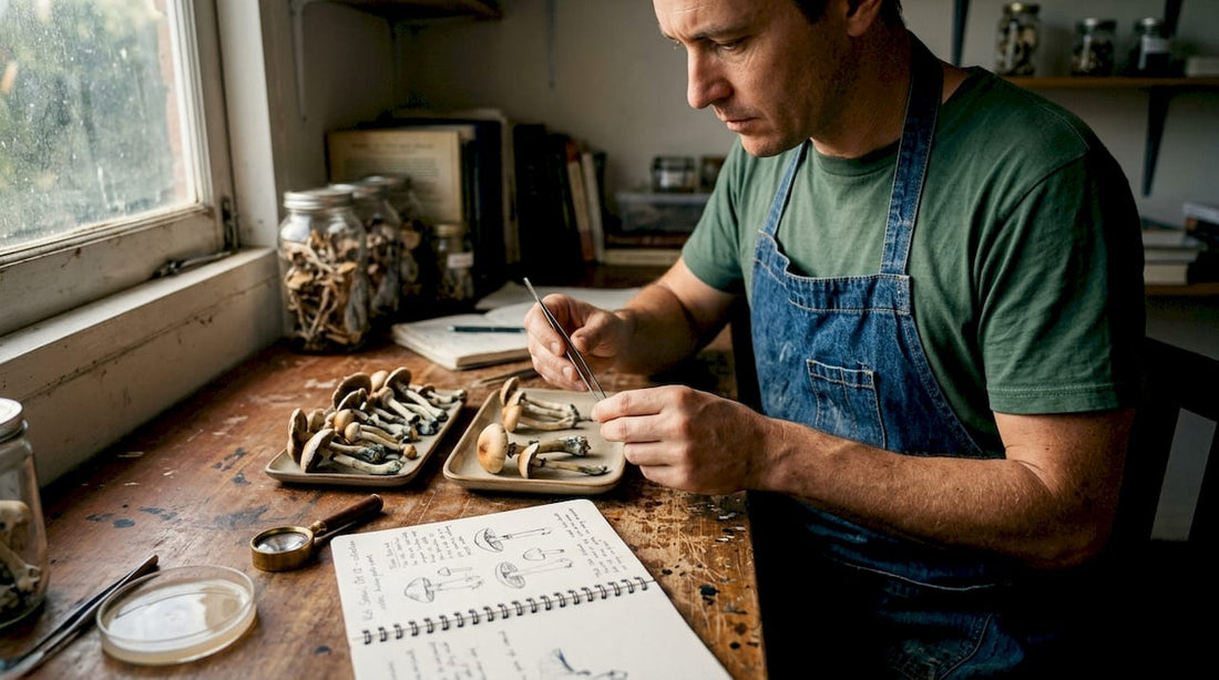 Mycologist studying Koh Samui mushrooms at home