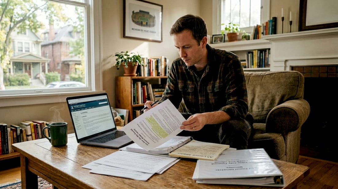 Man in Michigan home office researching legal documents