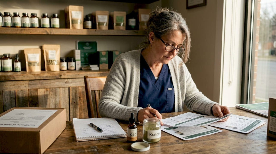 Pharmacist comparing CBD and kratom product info
