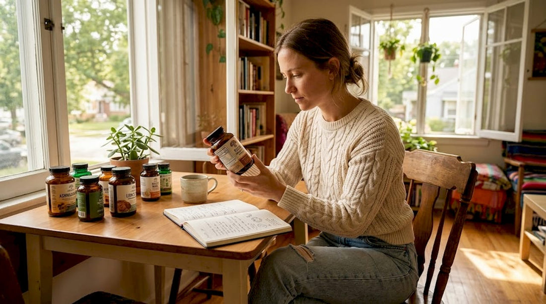 Woman reading mushroom supplement label in kitchen
