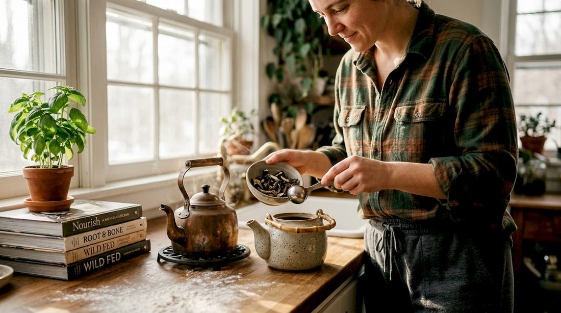 Person preparing psilocybin tea in Michigan kitchen