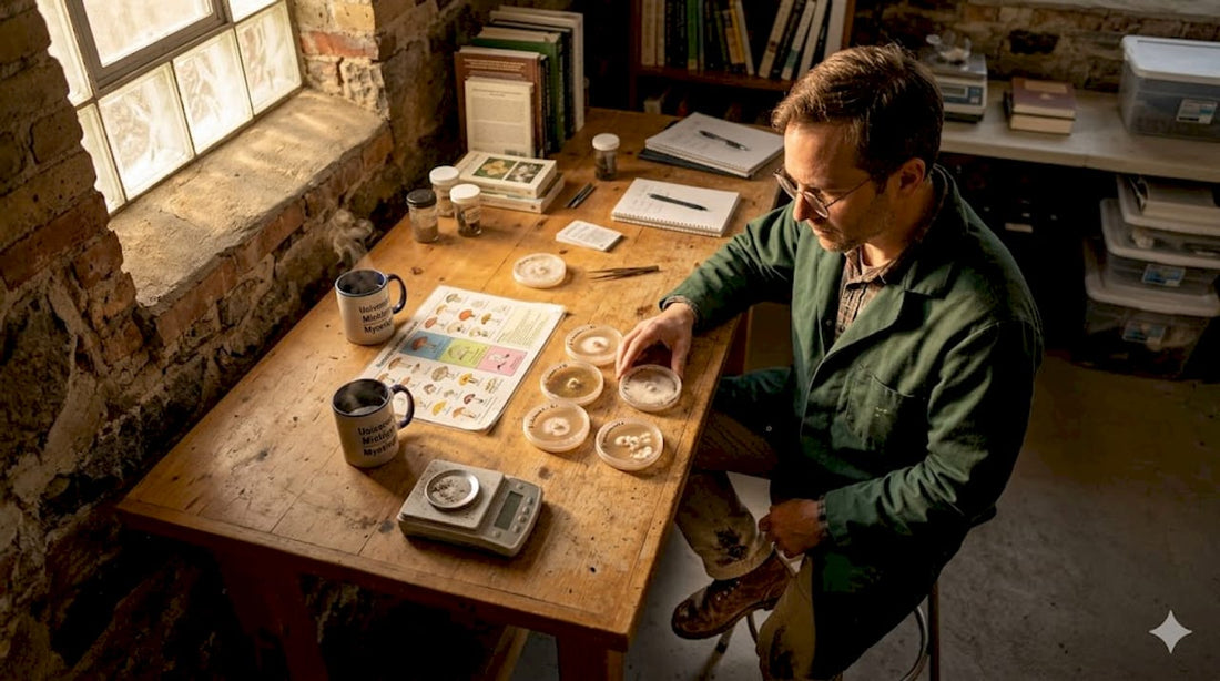 Mycologist examines mushrooms in lab workspace