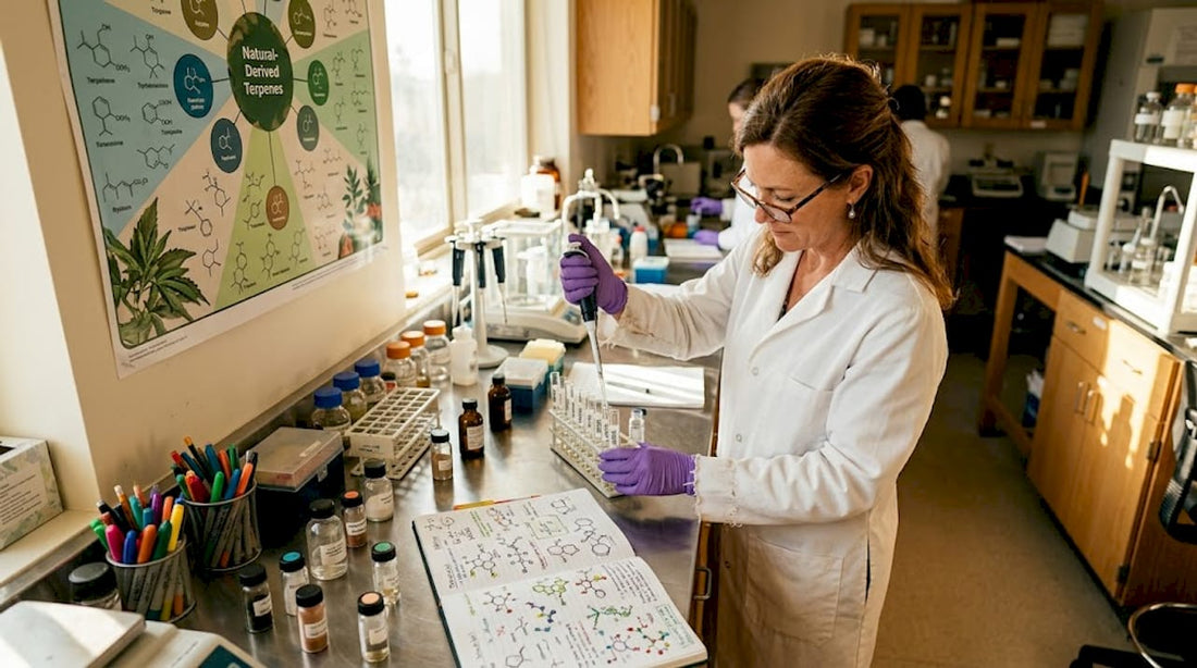 Scientist pipetting at cluttered mushroom chemistry bench
