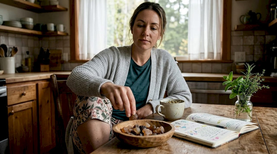 Woman taking mushroom gummy at breakfast table