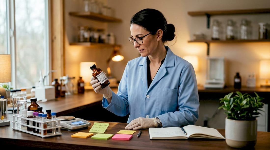 Scientist examining chemical label in laboratory