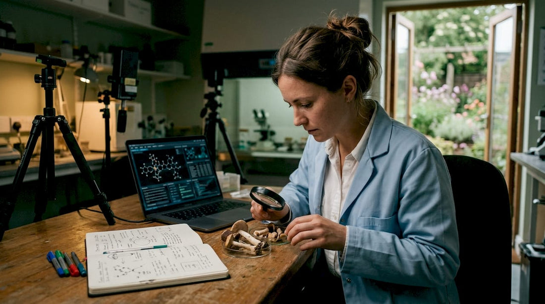 Scientist studying mushrooms at lab workstation