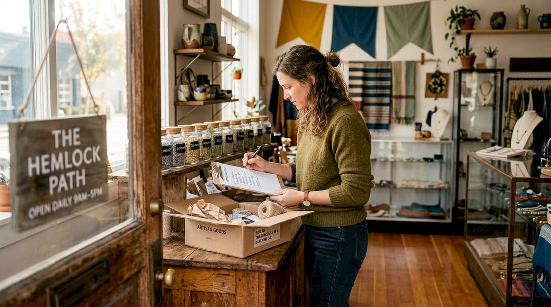 Retail shop owner reviewing inventory at welcoming counter