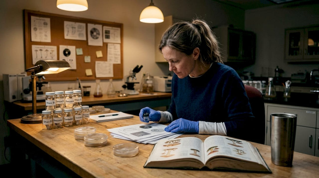 Researcher reviewing cubensis strain notes