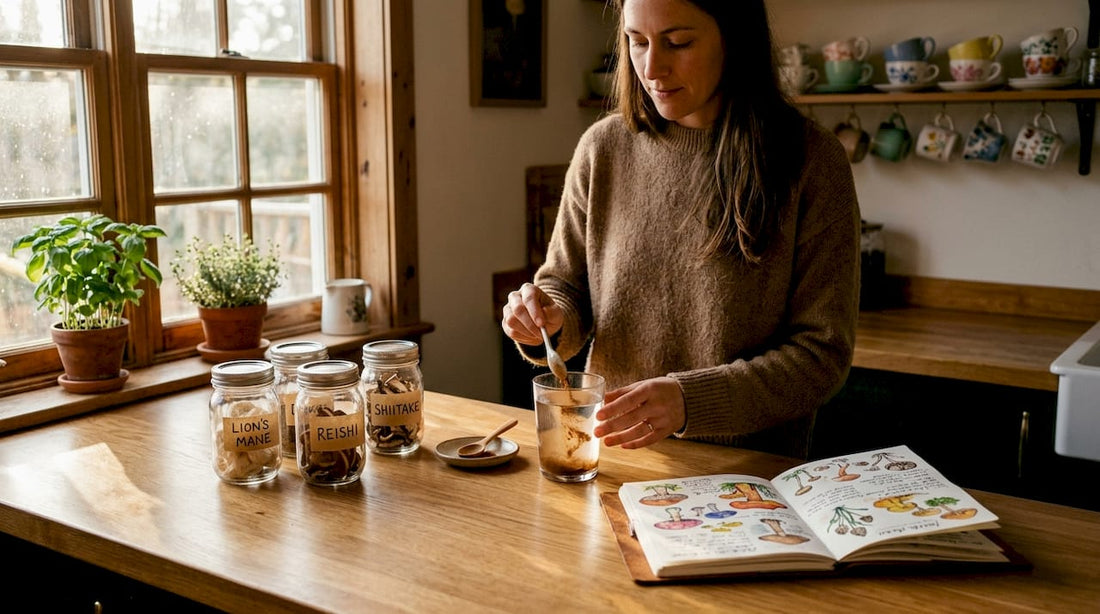 Woman preparing functional mushroom supplement in kitchen