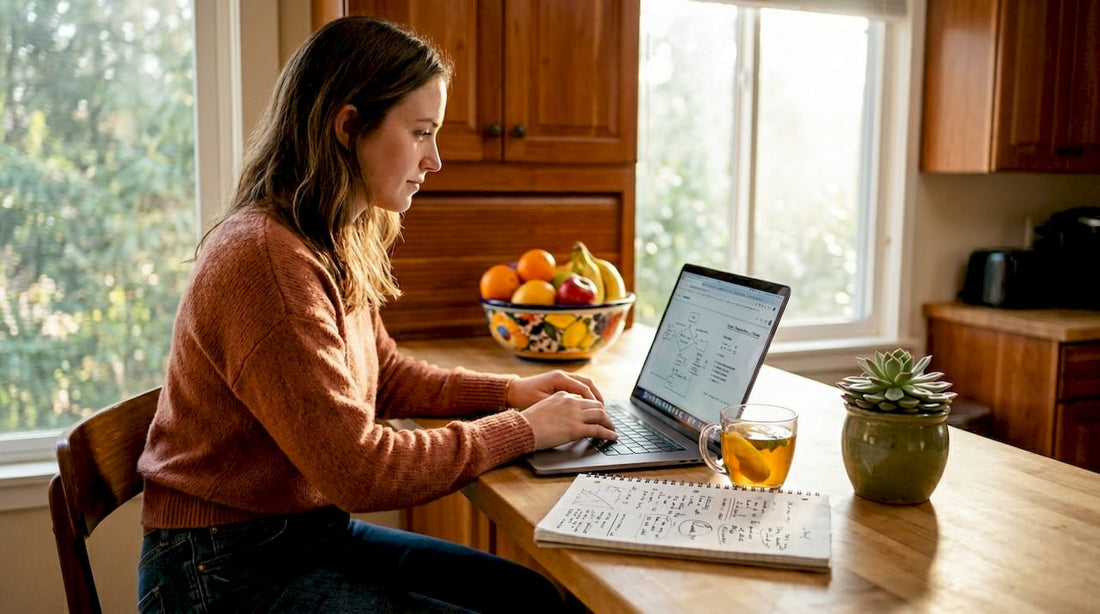 Person researching mushroom buying on laptop in kitchen