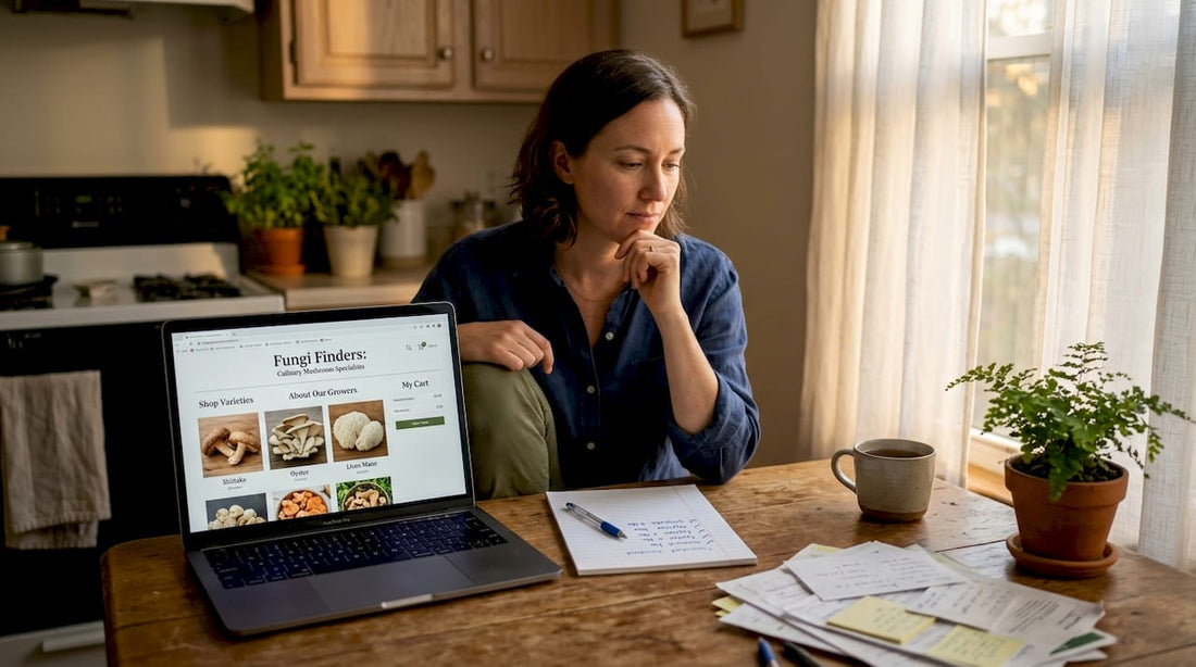 Person safely placing mushroom order on laptop