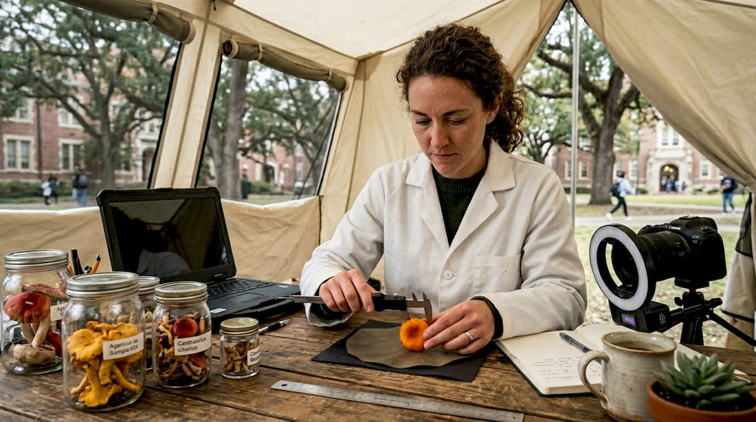 Researcher measuring mushroom cap in lab